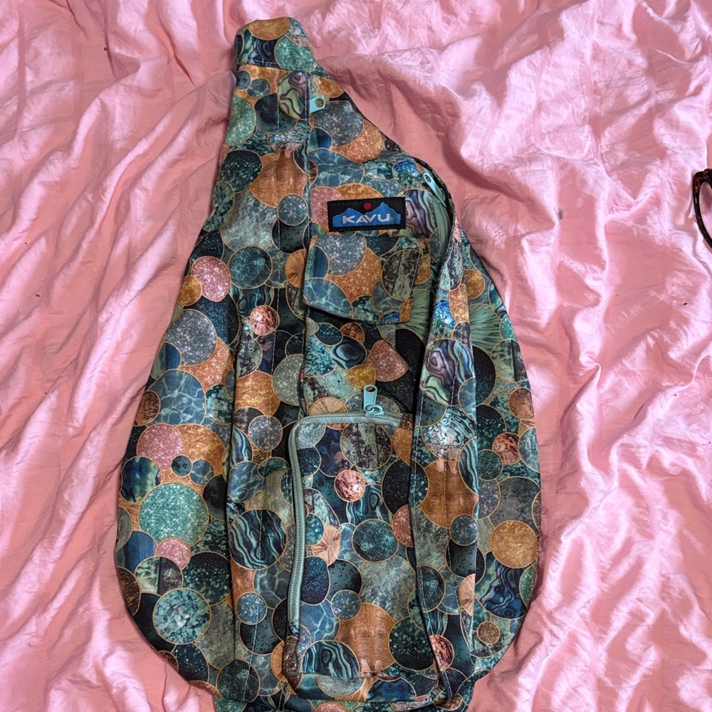 Kavu Teal Navy Rust Cream Circular-Print Sling Pack “Mermaid” Edition